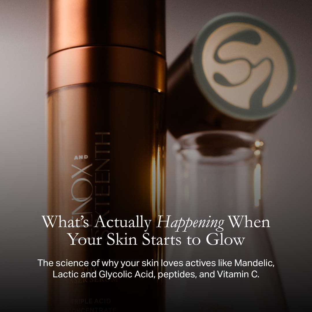 Bottle standing, accompanied by skincare-related text overlay.